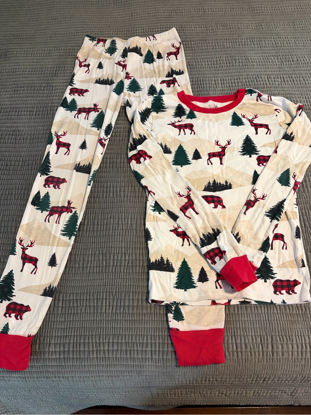 The Children's Place Cream Pajama Set with Red and Green Woodland Print